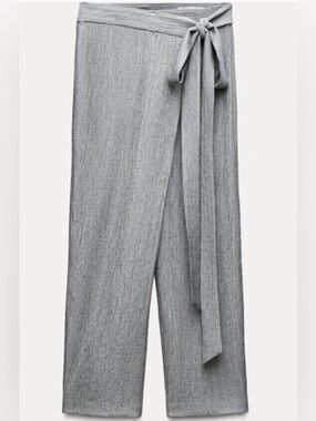Zara Gray Wrap-Front Wide-Leg Pants with Tie Waist
